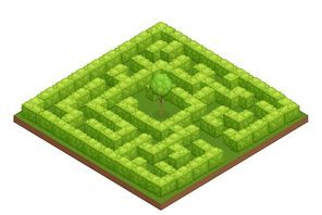 Garden labyrinth isometric image with square maze walls made of bushes and tree in the center vector illustration