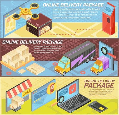 Goods online delivery horizontal isometric banners with internet shopping, packages, warehouse, transportation, mobile devices isolated vector illustration