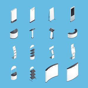 Set of isometric icons with exhibition stands including display desks shelves on blue background isolated vector illustration