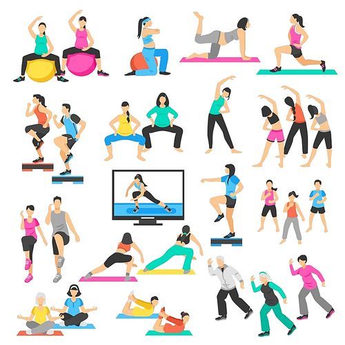 Set of people doing yoga, gymnastics, aerobics including pregnant women, seniors, instructor and group isolated vector illustration