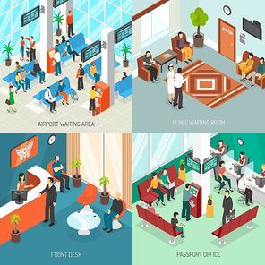 Set of isometric waiting areas in airport clinic and passport office near front desk isolated vector illustration
