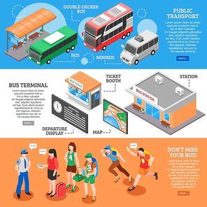 Set of isometric banners with bus station public transport ticket booth queue from tourists isolated vector illustration