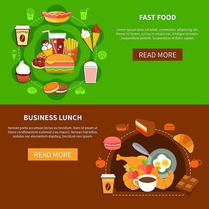 Fast food online menu options 2 flat banners webpage design with business lunch and family meal vector illustration