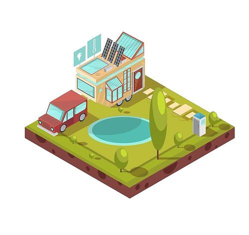 Campsite and mobile house with glass roof solar panels icons with technologies near pond isometric vector illustration