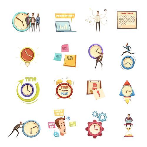 Time management set of retro cartoon icons with hurry man planning productivity startup calendar isolated vector illustration