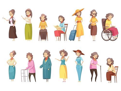 Senior woman disable old citizens with walking cane retro cartoon icons 2 banners set isolated vector illustration