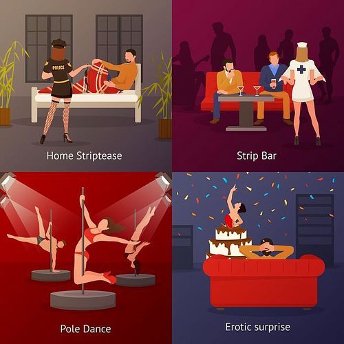 Four square strip design conceptual compositions with pole dancer characters and adult striptease performers erotic surprise vector illustration