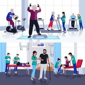 Rehabilitation care and physiotherapy treatments  for children and adults  2 flat banners composition poster isolated vector illustration