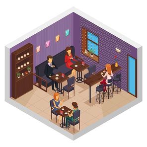 Cafe interior restaurant pizzeria bistro canteen isometric indoor composition with cupboard and visitors sitting at tables vector illustration