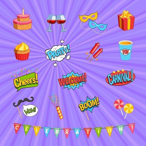 Carnival comic elements set with presents symbols flat isolated vector illustration