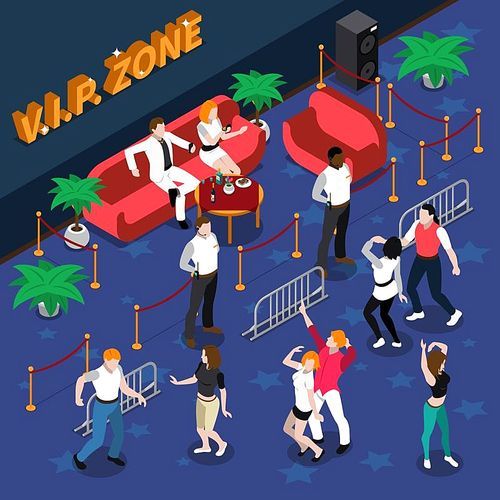 Celebrities on red sofa at vip zone with guards near dance floor in nightclub isometric vector illustration