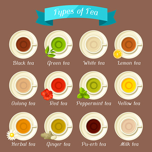 Types of tea. Set of ceramic cups with different tastes and ingredients.