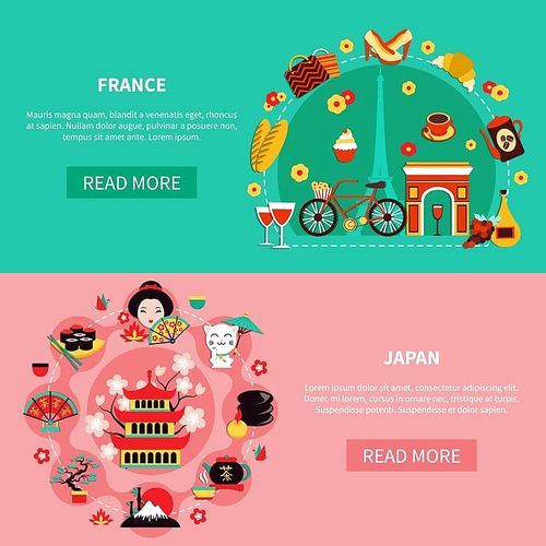 France and japan horizontal banners with elements of national historic and modern culture flat vector illustration