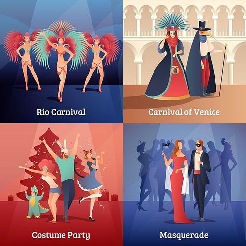 Carnival party concept icons set with costume party symbols flat isolated vector illustration
