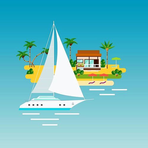 Tropical island vacation composition with flat images of ocean yacht and sand island with palms and house vector illustration