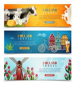 Holland culture for travelers with dutch houses milk cow and windmill with tulips banners set isolated vector illustration