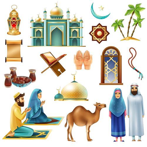 Ramadan muslims holy month religious symbols traditional objects food clothing realistic icons collection isolated vector illustration