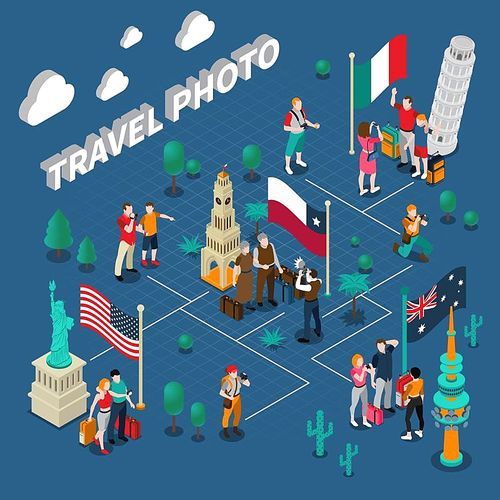 Journey people isometric template with tourists photographing in different countries near various sights vector illustration