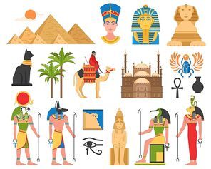 Egypt set of ancient egyptian idols statues and architectural structures flat isolated images on blank background vector illustration