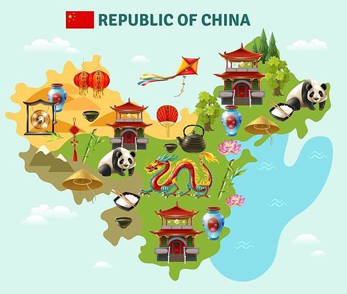 China travel sightseeing map with culture traditions national cuisine dishes and places of interest symbols vector illustration