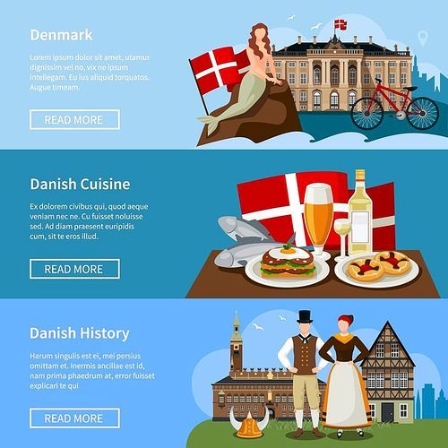 Set of flat style banners with danish landmarks history and cuisine on blue background isolated vector illustration