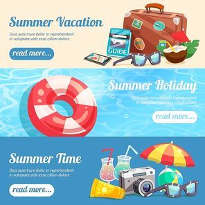 Summer holiday set of horizontal banners with beach accessories travel attributes lifebuoy on water isolated vector illustration