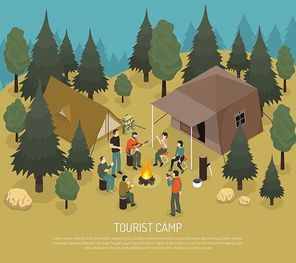 Tourist camp in forest with tents log with axe people near bonfire in summertime isometric vector illustration