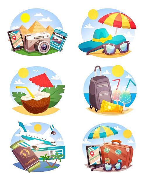 Summer holiday set of round compositions with landmarks beach accessories tropical cocktails air travel isolated vector illustration