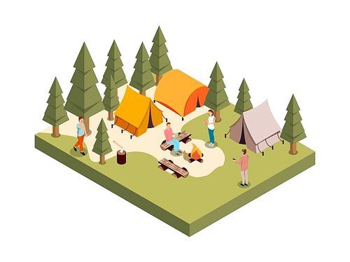 Outdoor forest party isometric composition with set of people figures campfire and tents among polygonal trees vector illustration