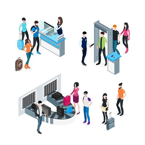 Airport isometric concept with passengers and travelers before boarding and after arrival isolated vector illustration