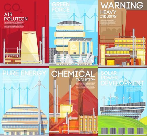 Green force environmental ecological durable solutions with air pollution warning 6 flat banners composition poster isplated vector illustration