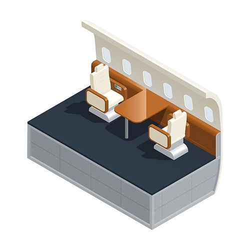 Colored airplane interior isometric composition with furniture and amenities inside the salon vector illustration