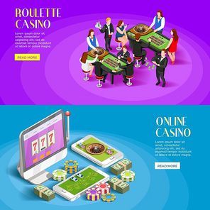 Casino isometric banners with roulette gambling tables people characters and online gaming apps with read more button vector illustration