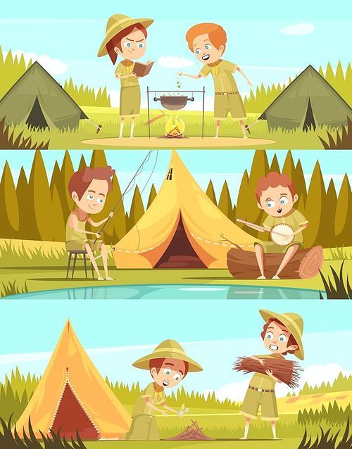 Scouting boys summer camp activities 3 retro cartoon horizontal banners set with campfire cooking isolated vector illustration