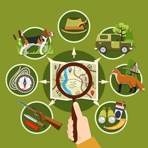 Professional hunter and equipment concept with animals rifle and compass flat vector illustration