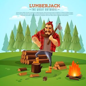 Sturdy lumberjack woodsman holding ax with muscled tattooed hands near campfire forest bacground cartoon poster vector illustration