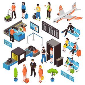Airport passengers check-in security control gates waitig area and aircraft isometric icons collection isolated vector illustration