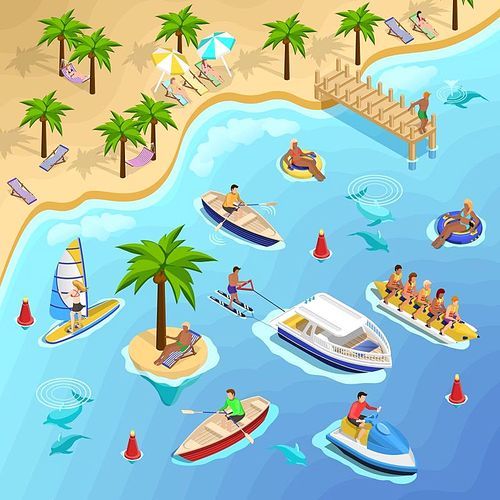 Sea beach vacation isometric composition with tropical landscape and people sunbathing sailing surfing and banana boating vector illustration