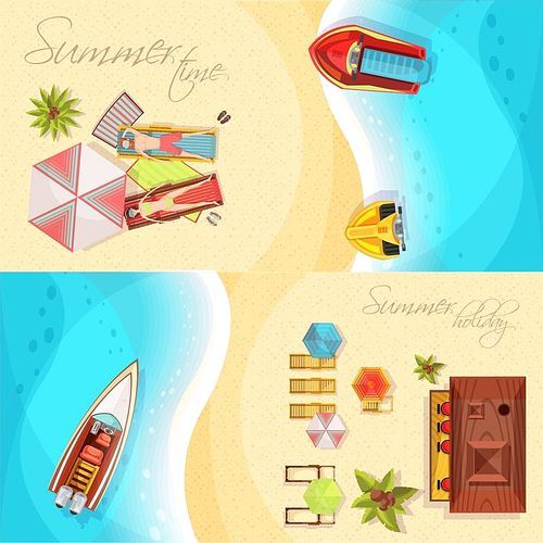 Beach holiday horizontal banners top view including coast, sea, boats, bar, sunbathers on loungers isolated vector illustration