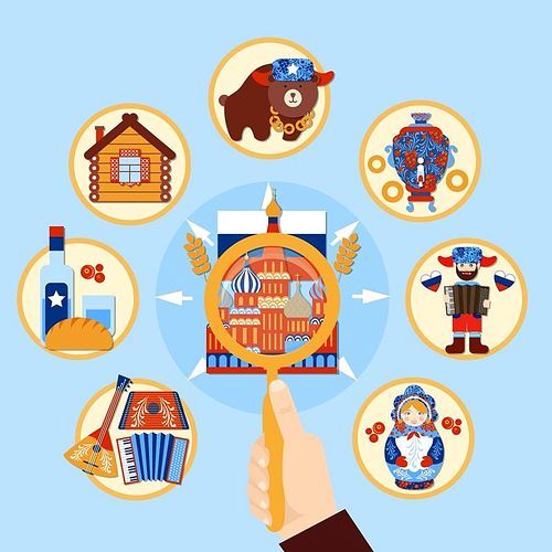 Travel to russia composition with human hand holding magnifying glass souvenirs and national symbols round images vector illustration