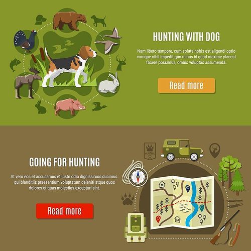 Hunting horizontal banners set with dog and hunting equipment symbols flat isolated vector illustration