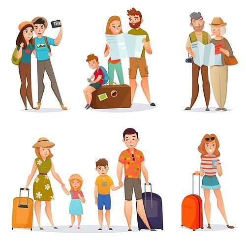 Set of traveling people with baggage and maps including families couples and young woman isolated vector illustration