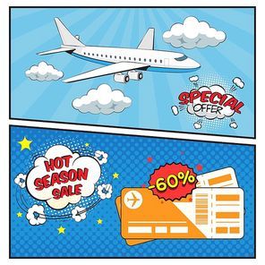 Season sale of air tickets comic style banners with clouds plane and boarding passes isolated vector illustration