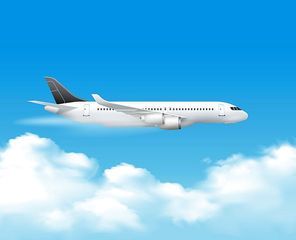 Airplane in air composition with realistic image of passenger jet aircraft on top over the clouds vector illustration