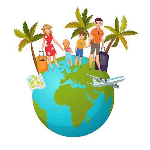 Family vacation composition with kids and parents on earth globe with baggage between palm trees vector illustration