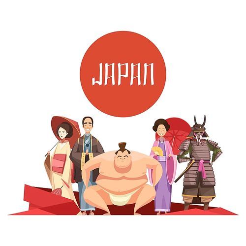Japanese persons retro cartoon design with man and women in national clothing samurai sumo wrestler vector illustration