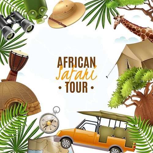 African tour background in realistic style with decorative frame consisting from safari travel accessories vector illustration