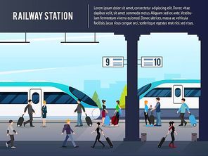 Railway station flat composition with passenger characters on platform with intercity high speed trains with text vector illustration