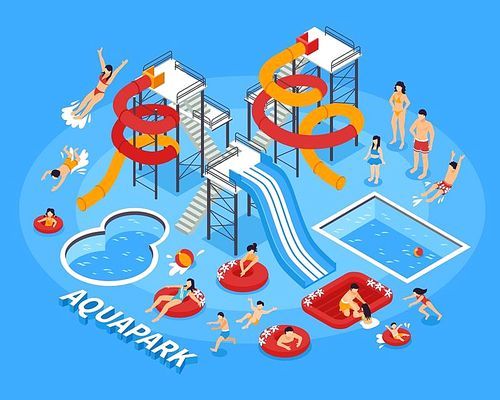 Water park and swimming with people and recreation symbols isometric vector illustration