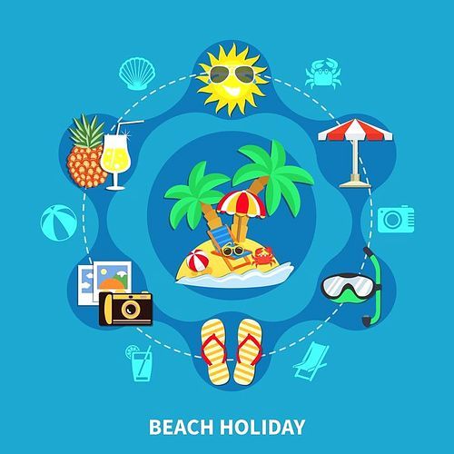 Vacation travel flat composition of beach holiday images with offshore leisure activity equipment symbols and silhouettes vector illustration